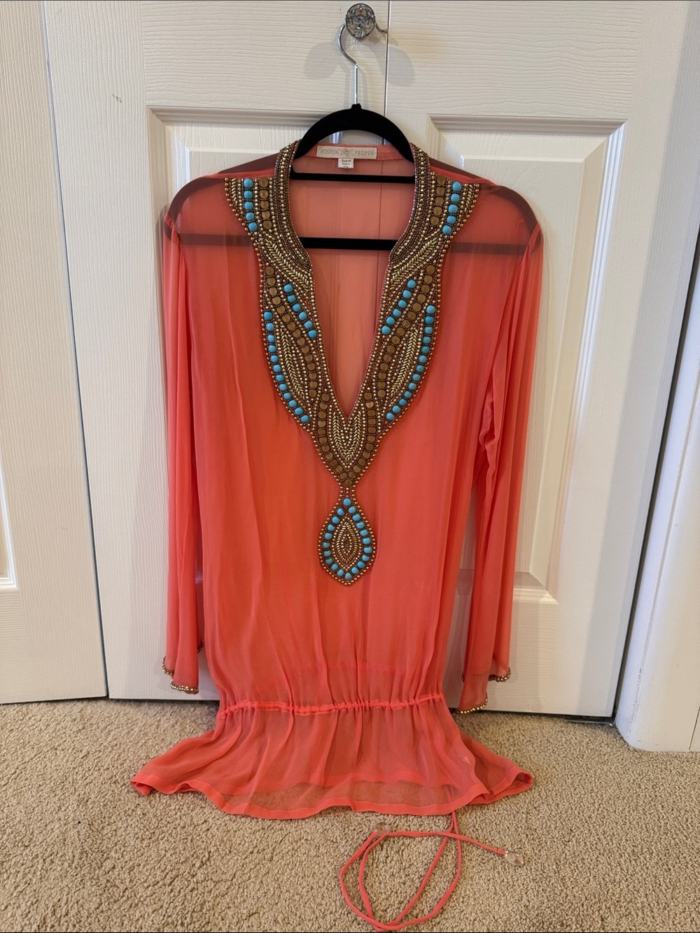 Boston proper Embellished Coral Tunic with Turquoise Beading medium